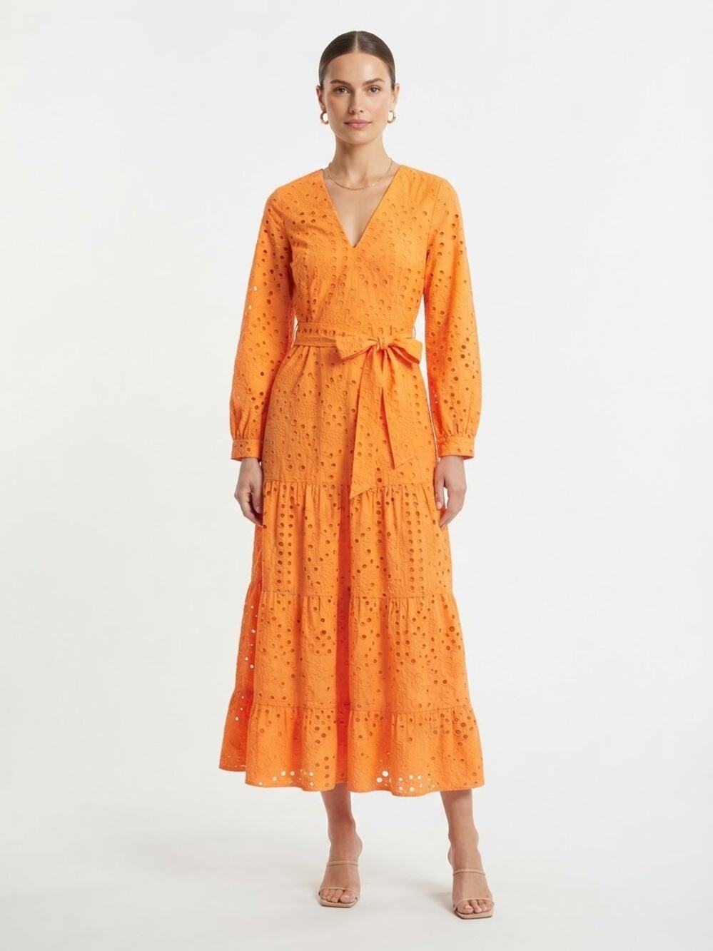 "Zara Eyelet Midi Dress Orange Long Sleeve Belted Tiered Cotton Size XS Vacation
